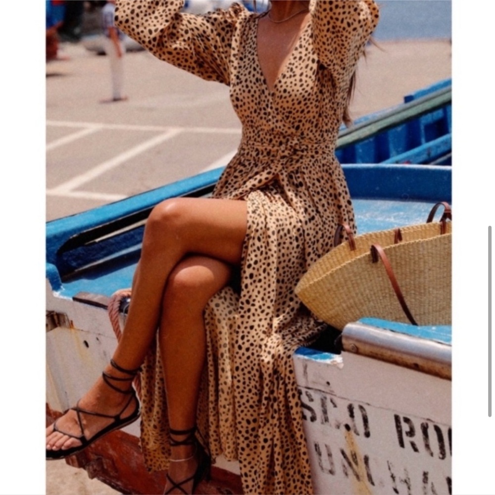 Billabong Tan Leopard Long Sleeve Maxi Dress